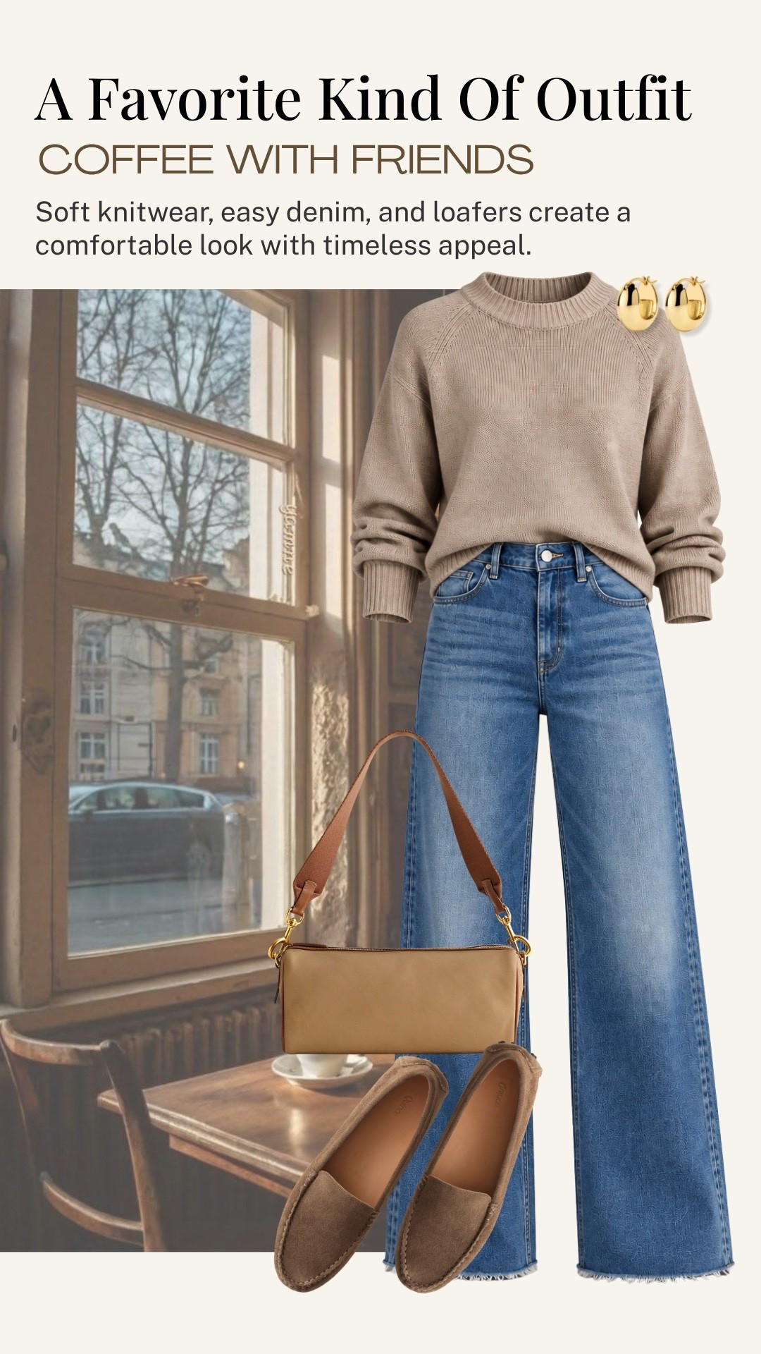 A soft neutral sweater and easy wide-leg denim are exactly the kind of combination I love for coffee with friends. Paired with classic loafers and a simple shoulder bag, it feels comfortable, polished, and timeless without being overdone.