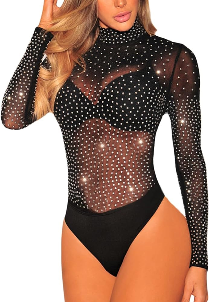 YOGOLAI Women's Sheer Mesh Bodysuits Mock Neck Jumpsuit Long Sleeve Stretchy Leotard Top | Amazon (US)
