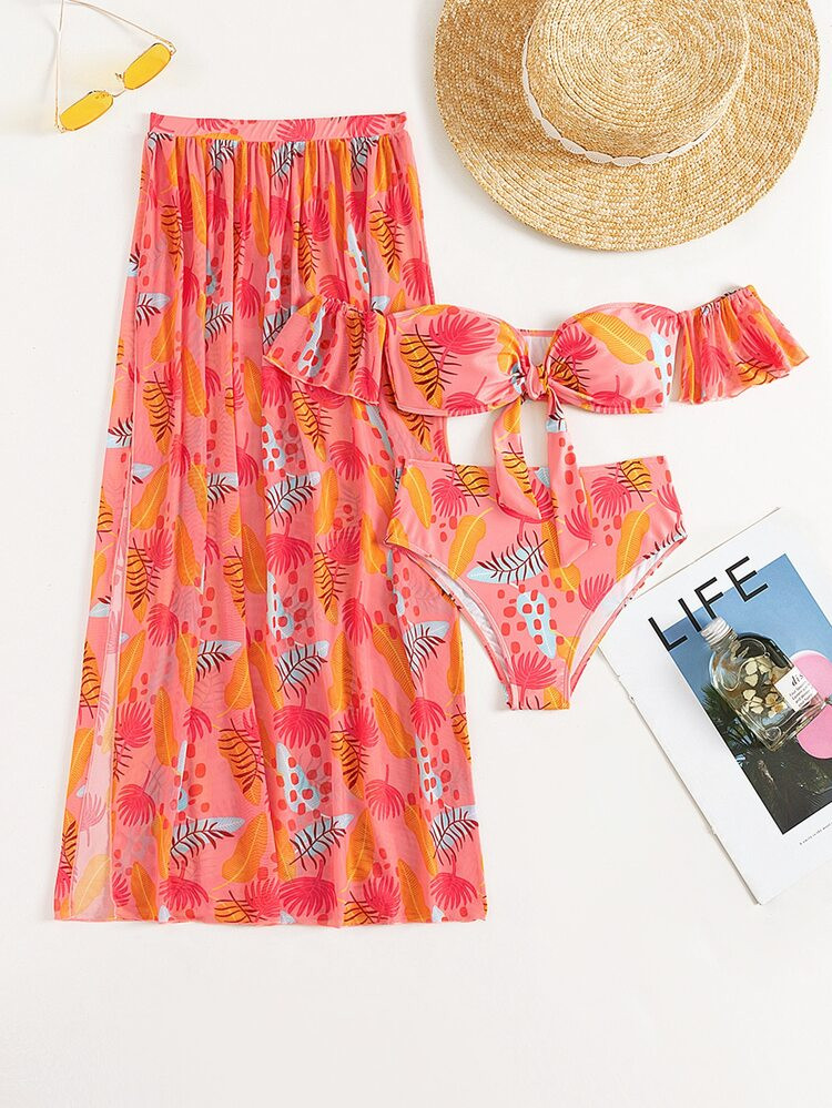 3pack Plant Print Off The Shoulder Bikini Swimsuit & Beach Skirt | SHEIN