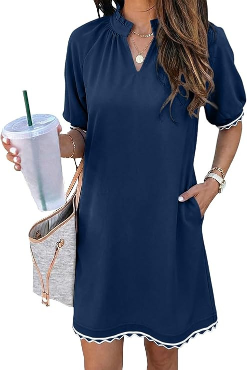 EVALESS Casual Dresses for Women 2026 Ruffle A Line Summer Dresses Loose V Neck Work Vacation Sho... | Amazon (US)