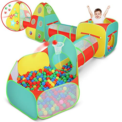 5pc Kids Play Tent for Toddlers with Ball Pit, Crawl Tunnel, Indoor & Outdoor Playhouse, Jungle Gym, Toys for Boys & Girls, Includes Dart Balls, Teepee & Basketball Hoops | Amazon (US)