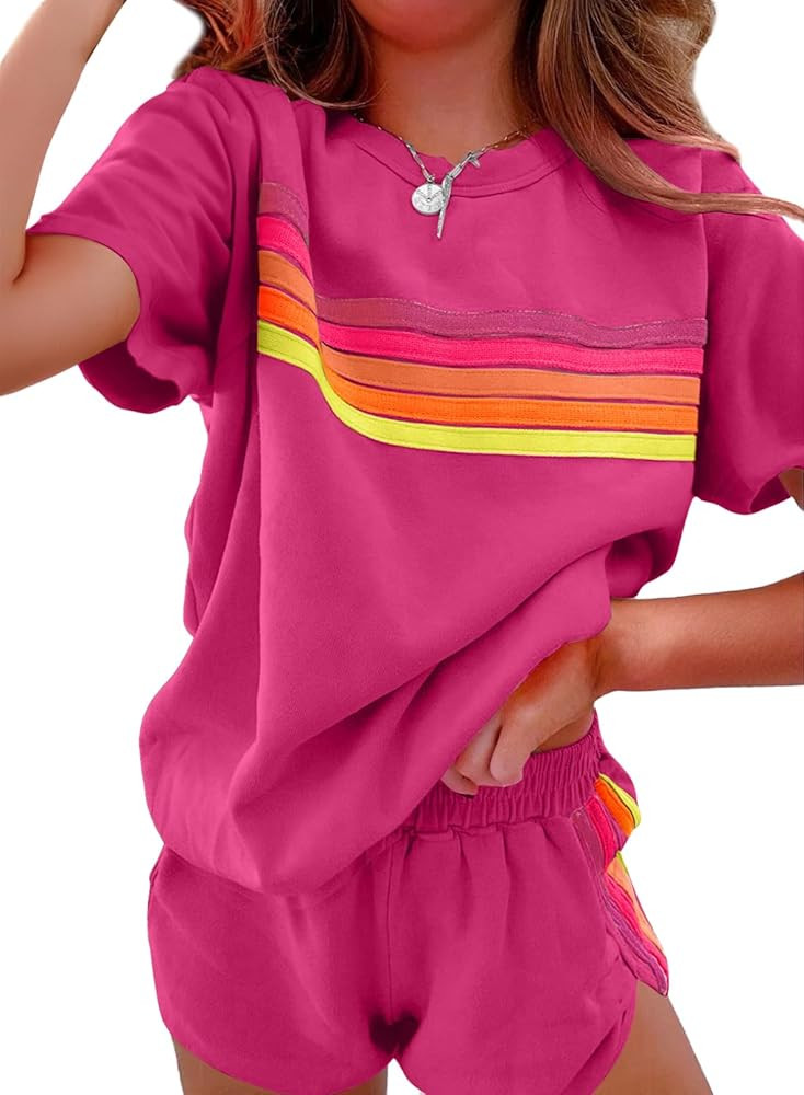 SHEWIN Womens Two Piece Lounge Sets Casual Short Sleeve Pullover Tops Matching Runner Shorts Cozy... | Amazon (US)