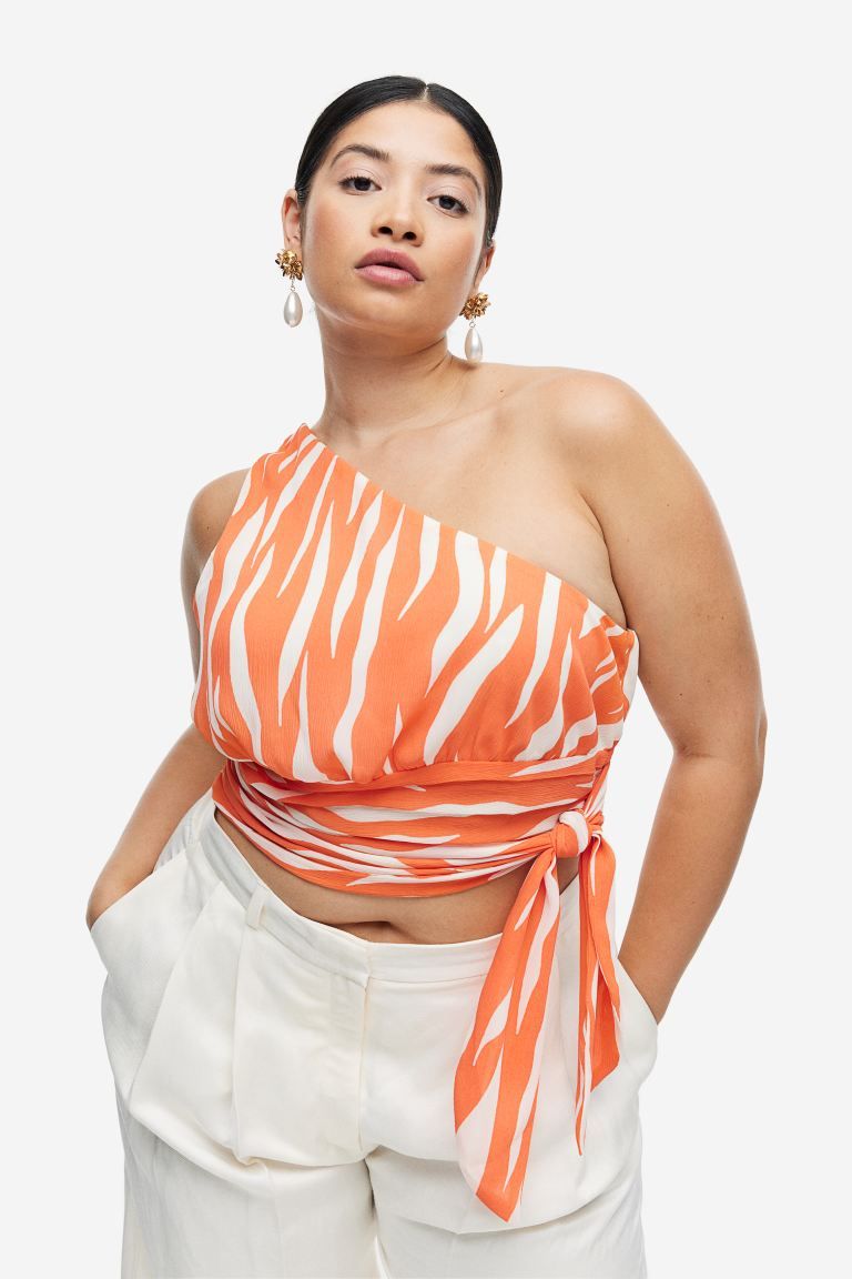 One-shoulder Crop Top - Orange/zebra print - Ladies | H&M US | H&M (US + CA)