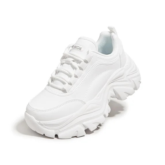LUCKY STEP Chunky Sneakers for Women Fashion Platform White Leather Casual Dad Shoes,White | Walmart (US)