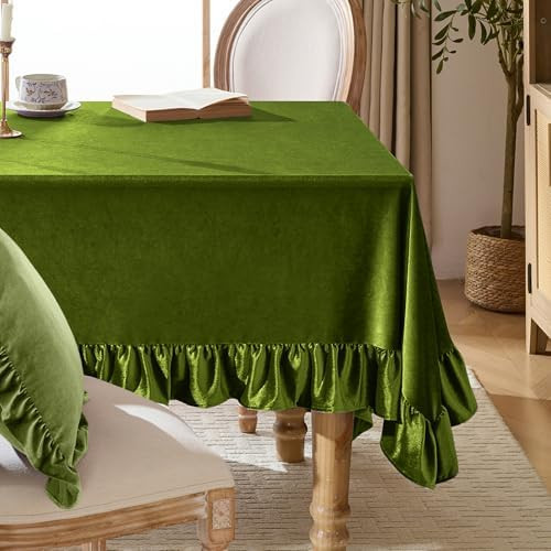 KKJIAF Olive Green Velvet Tablecloth 60 x 102 Inch, Retro Farmhouse Ruffle Oblong Tablecloth Wash... | Amazon (US)