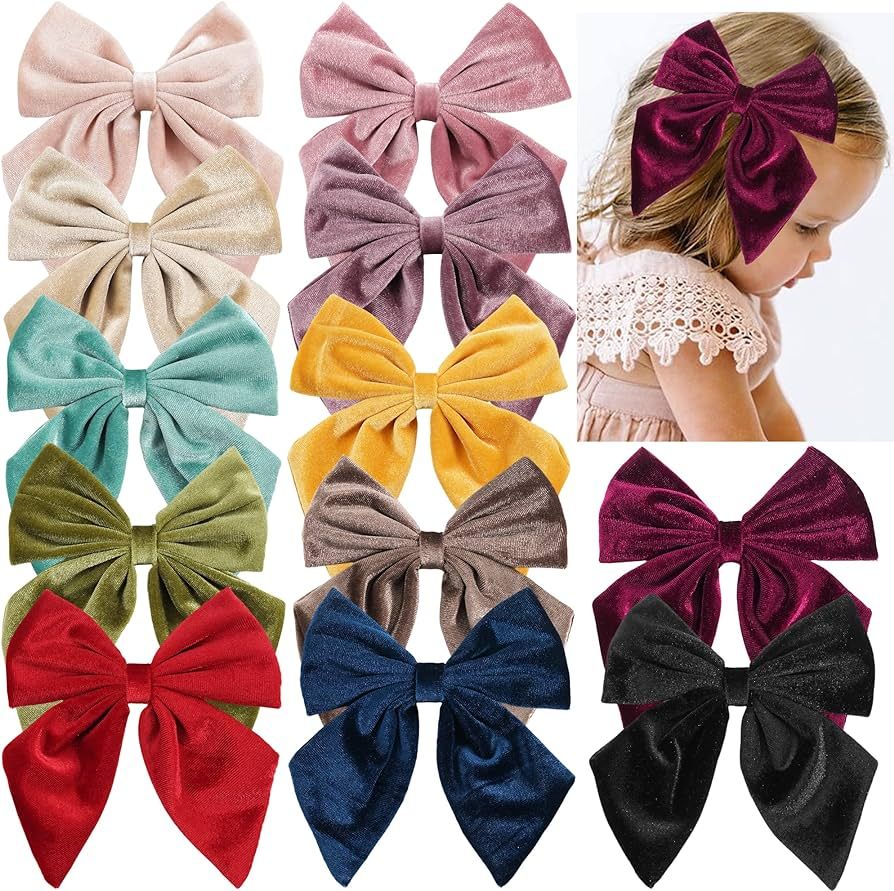 Qearl 12 PCS Large Velvet Hair Bow Fable Bow Clips for Toddlers Girls, Handmade Big Bows Hair Acc... | Amazon (US)