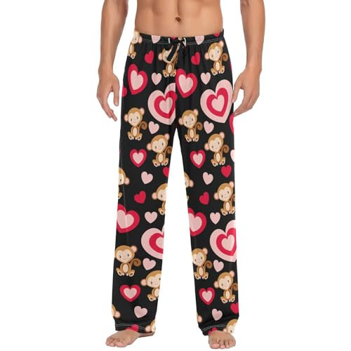 Ollabaky Monkey and Heart Pajama Pants for Men Valentines Day Pjs Bottoms Sleep Lounge Pants Holiday Gifts for Boyfriend Husband Dad, L | Amazon (US)