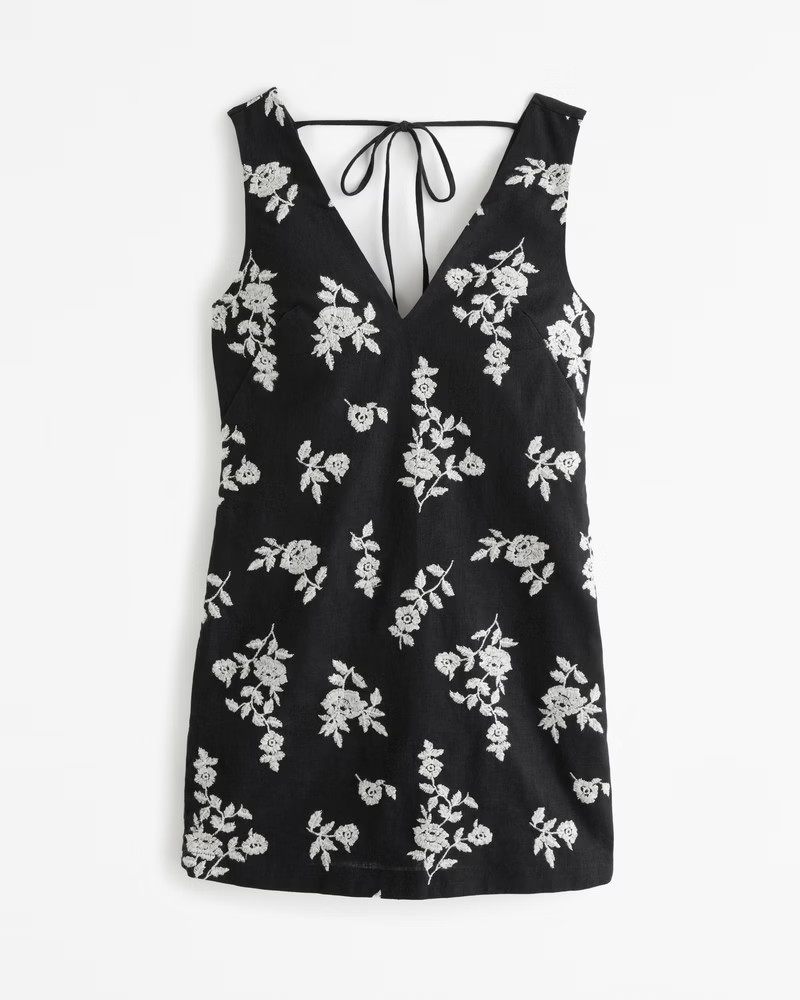 Abercrombie & Fitch Women's Embroidered Linen-Blend Mini Dress in Black Floral - Size XXS PETITE | Abercrombie & Fitch (US)