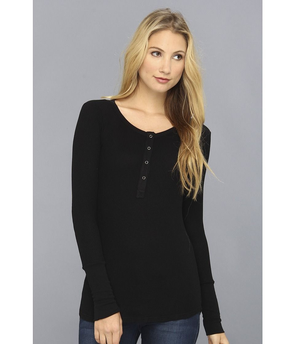 Splendid - Thermal Henley (Black) Women's Long Sleeve Pullover | Zappos