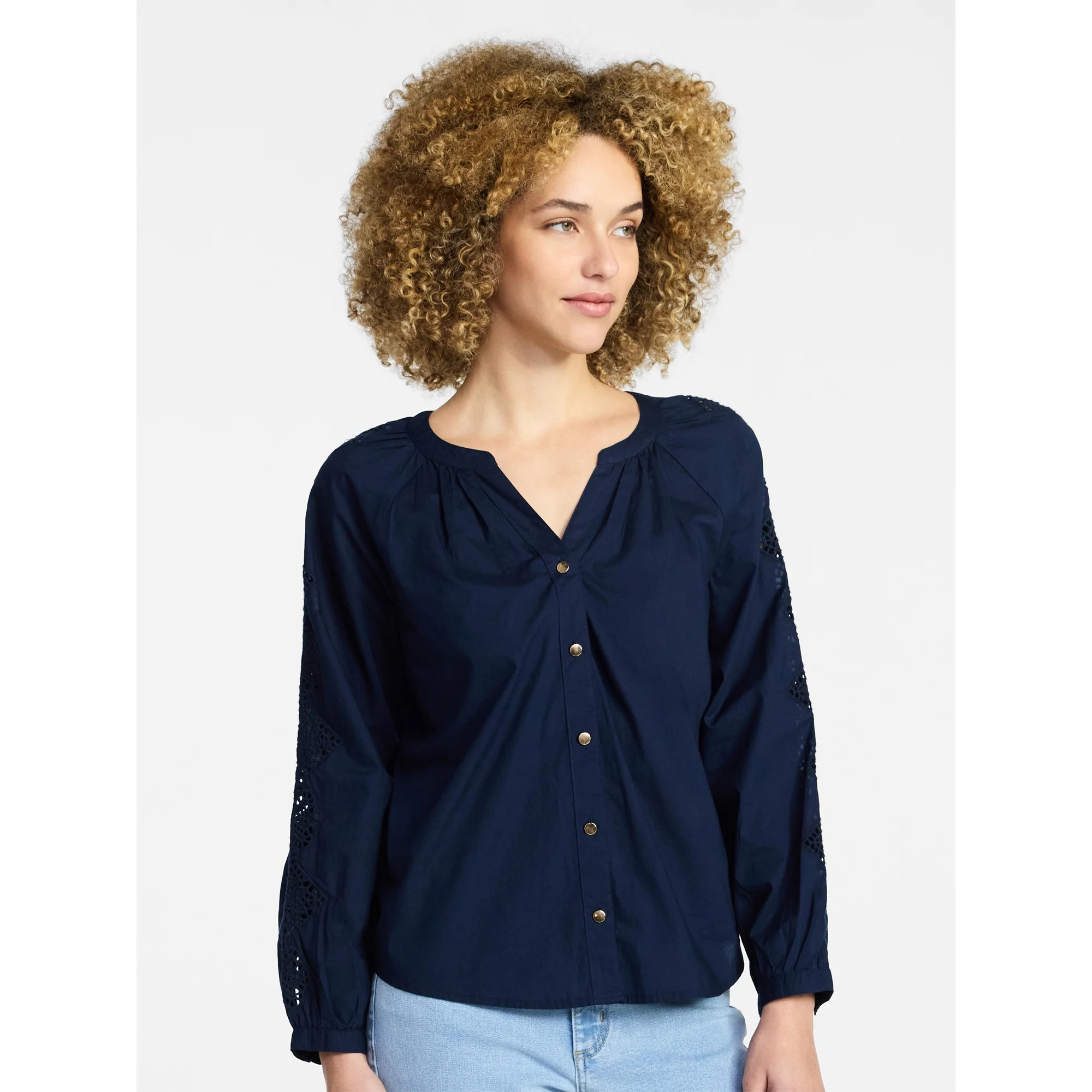 Time and Tru Women's Eyelet Blouse with Long Sleeves, Sizes XS-XXXL | Walmart (US)