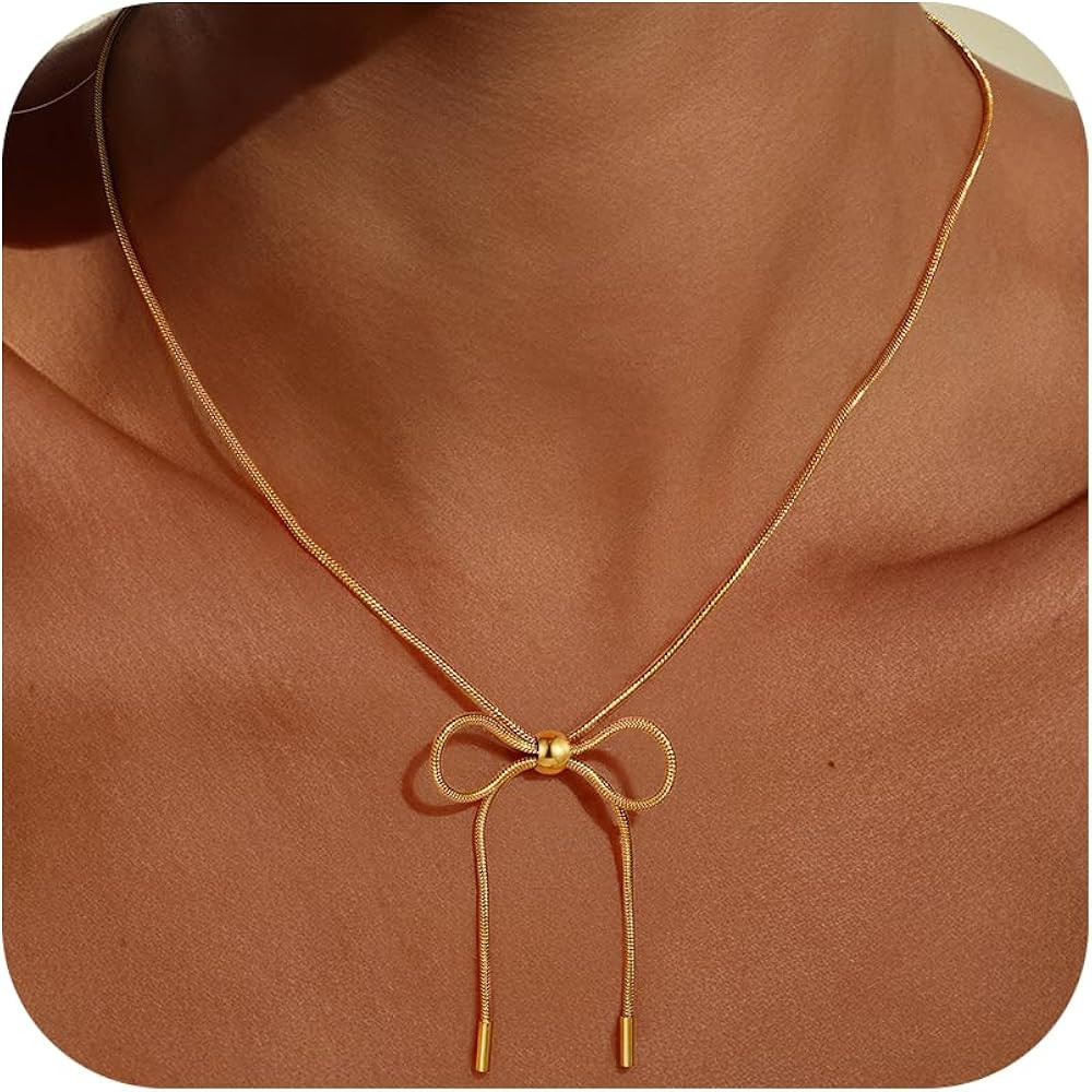 Gold Bow Necklace for Women - 18K Gold Plated Dainty Gold Necklace Cute Small Tiny Bow Pendant Ch... | Amazon (US)