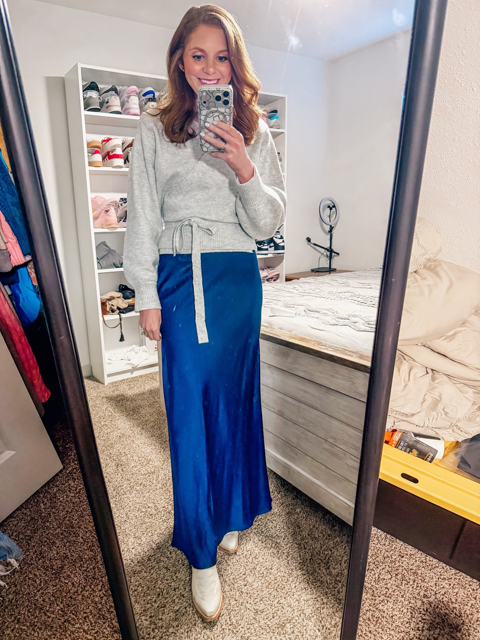 Wrap sweater wearing size small use code DEC30 for a discount and maxi satin skirt size XS 

#LTKHoliday #LTKFindsUnder50 #LTKSeasonal