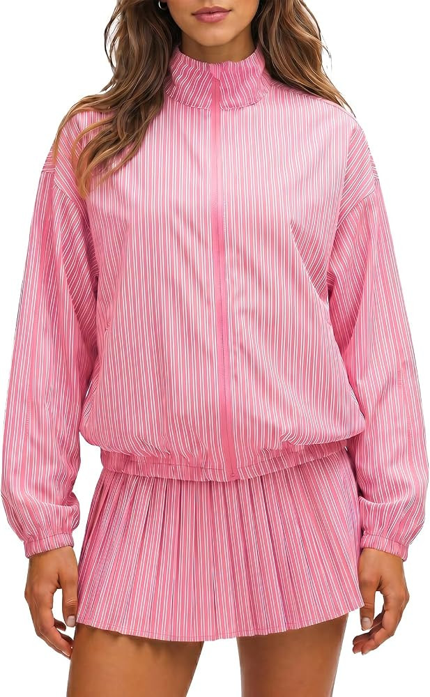 Fisoew Womens 2 Piece Striped Outfits Casual Stand Collar Zip Up Jackets Pleated Mini Skirts Tenn... | Amazon (US)