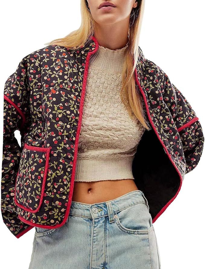 Womens Quilted Jackets Cropped Puffer Quilted Jacket Lightweight Floral Print Short Padded Coat O... | Amazon (UK)