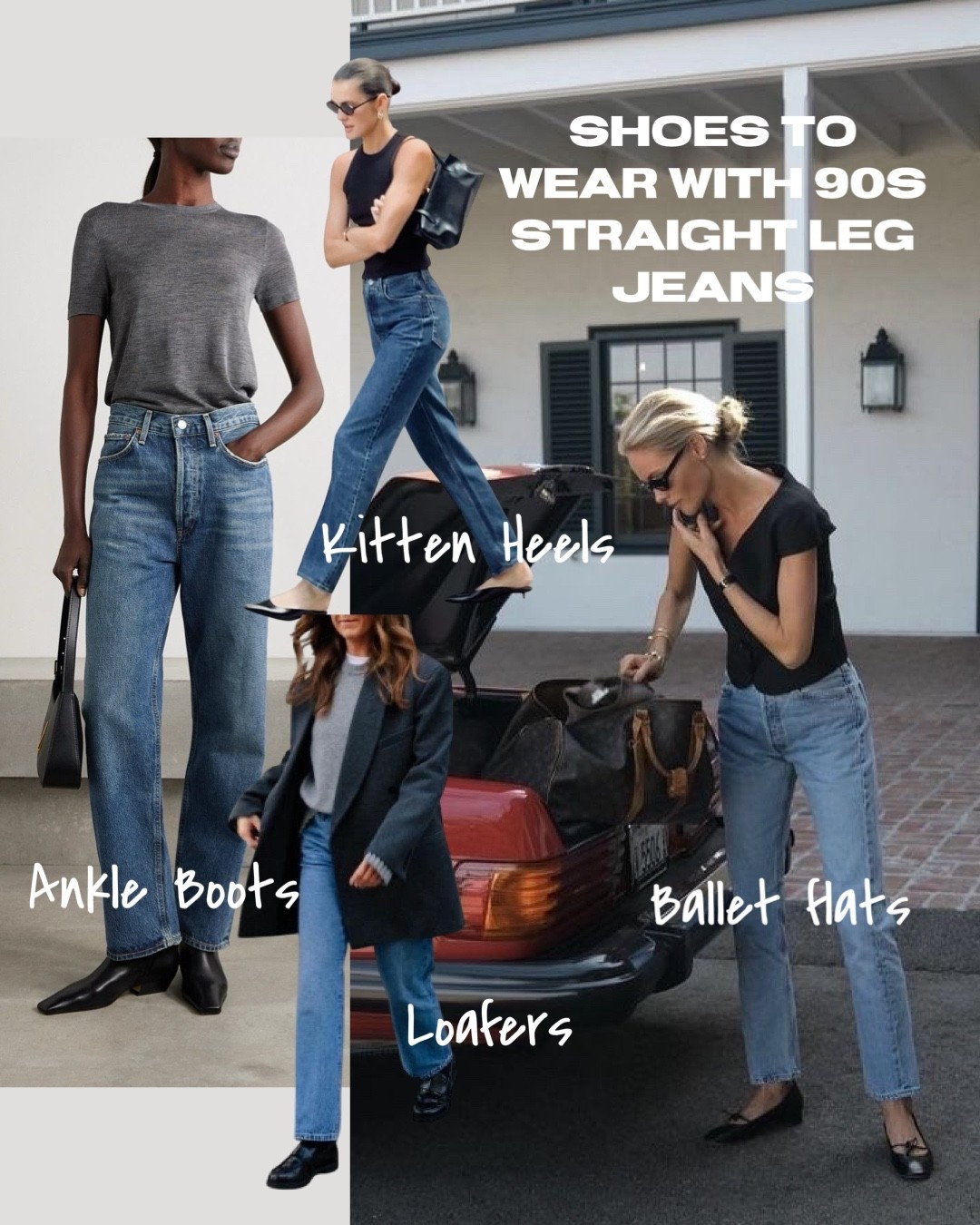 Shoes to wear with 90s straight leg jeans. 

Loafers, kitten heels ankle boots, ballet  flats. 

#LTKuk #LTKstyletip #LTKspring