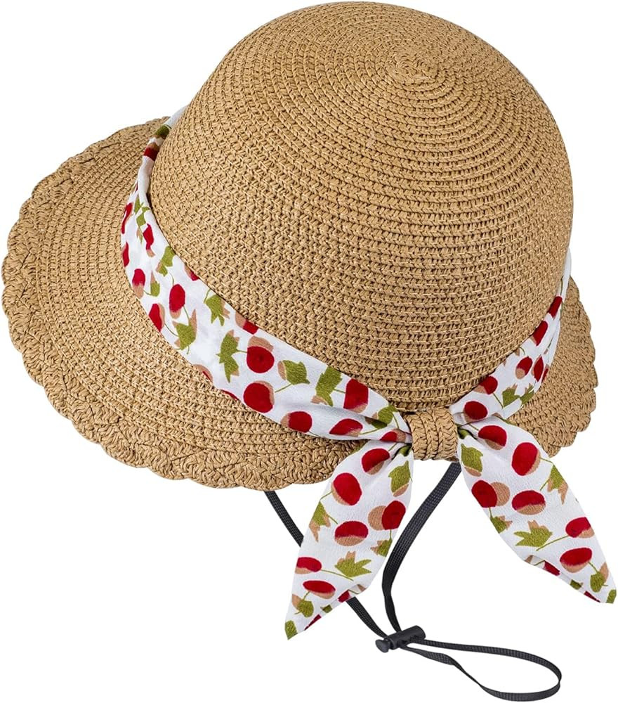 Girls Straw Sun Hat with Chin Strap and Two Cute Brooches Summer Beach UV Protection | Amazon (US)