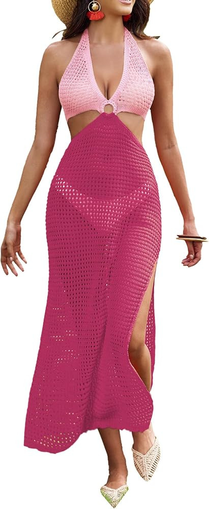AI'MAGE Womens Crochet Bathing Suit Swimsuit Cover Ups Long Sexy Halter Cut Out Backless Beach Co... | Amazon (US)