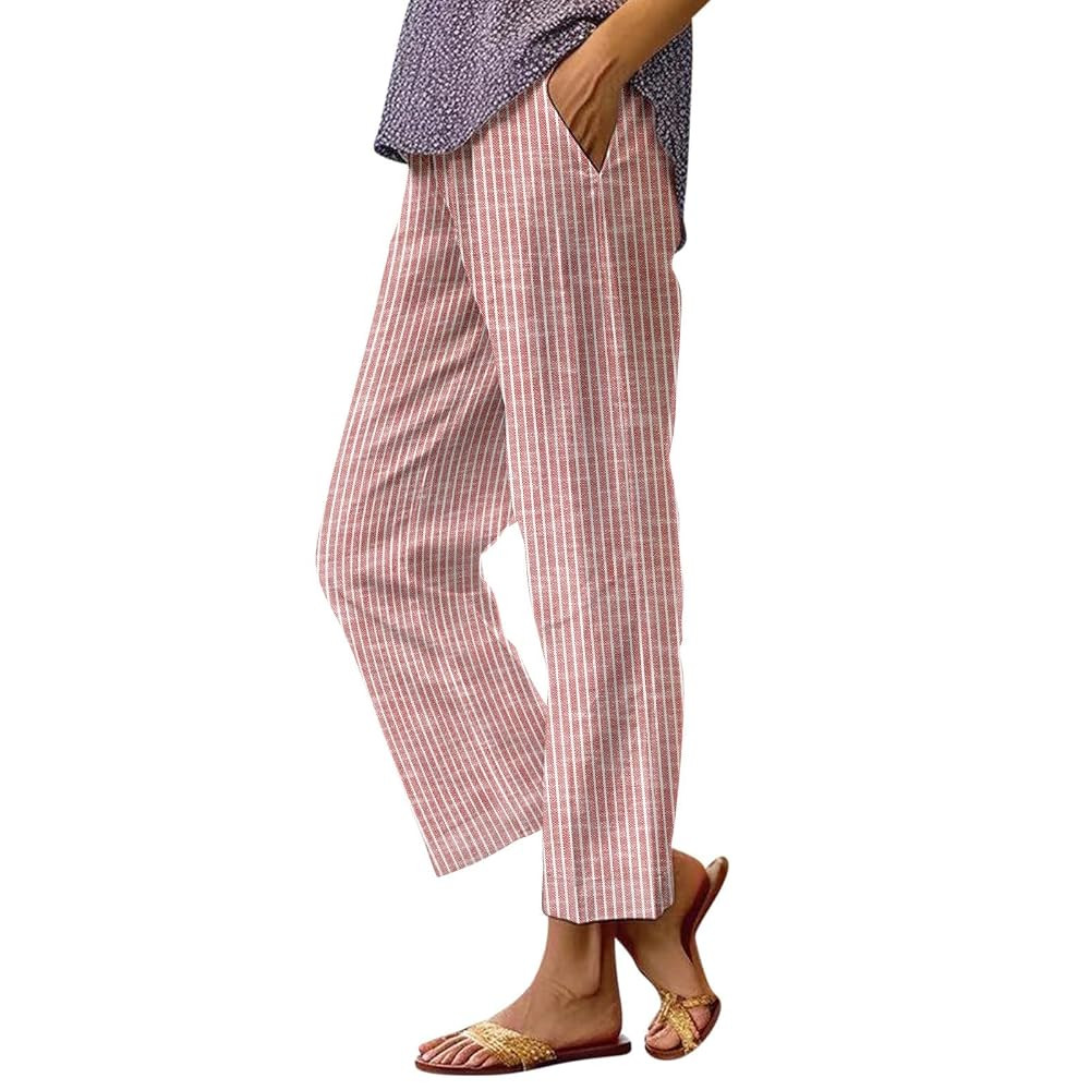 Side Stripe Pants Women for Beach Vacation Clothes for Women Linen Straight Leg Elastic Waist Wom... | Amazon (US)
