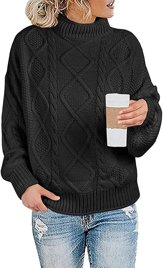 Womens Turtleneck Oversized Sweaters Batwing Sleeve Cable Knit Pullover Chunky Loose Jumper Tops | Amazon (US)