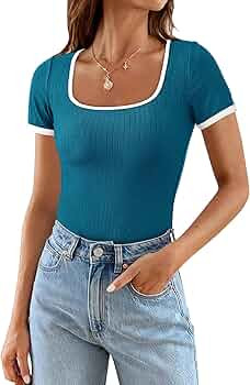 PRETTYGARDEN Womens Summer Short Sleeve T Shirts Ribbed Knit Square Neck Color Block Slim Fitted ... | Amazon (US)