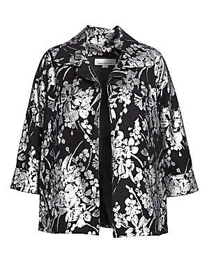 Caroline Rose Women's A-Line Floral Jacket - Silver Black - Size 1X (14-16) | Saks Fifth Avenue