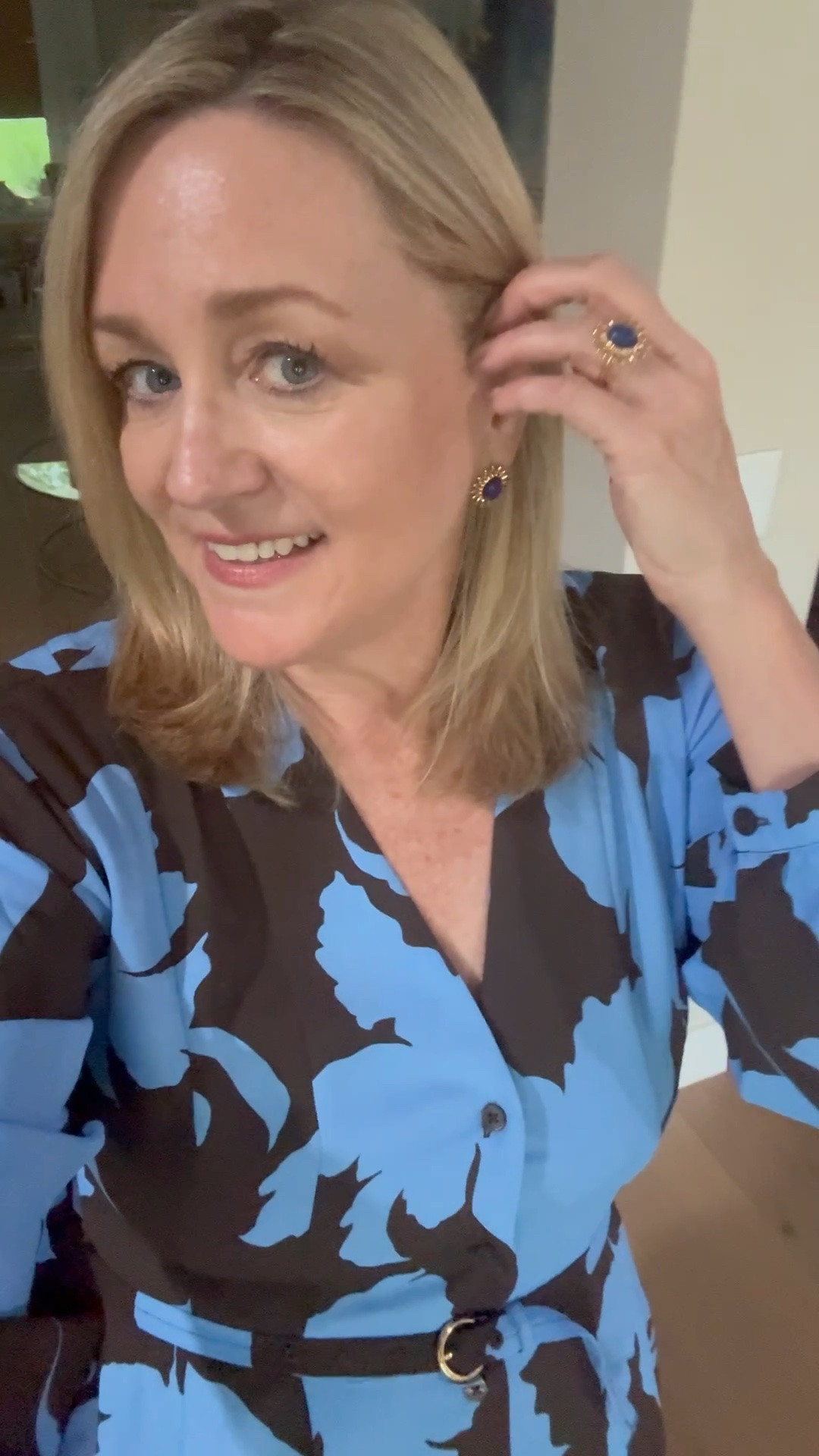 I love a blue and brown print dress! Great summer to fall transition outfit. And I love these cute earrings and ring which are a great price right now.  Work outfit
#ThisisAnn￼

#LTKWorkwear #LTKdayinmylife #LTKSeasonal