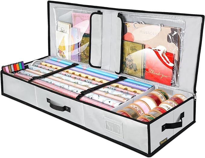 Amazon.com: BALEINE Christmas Wrapping Paper Storage Organizer with Flexible Partitions and Pocke... | Amazon (US)