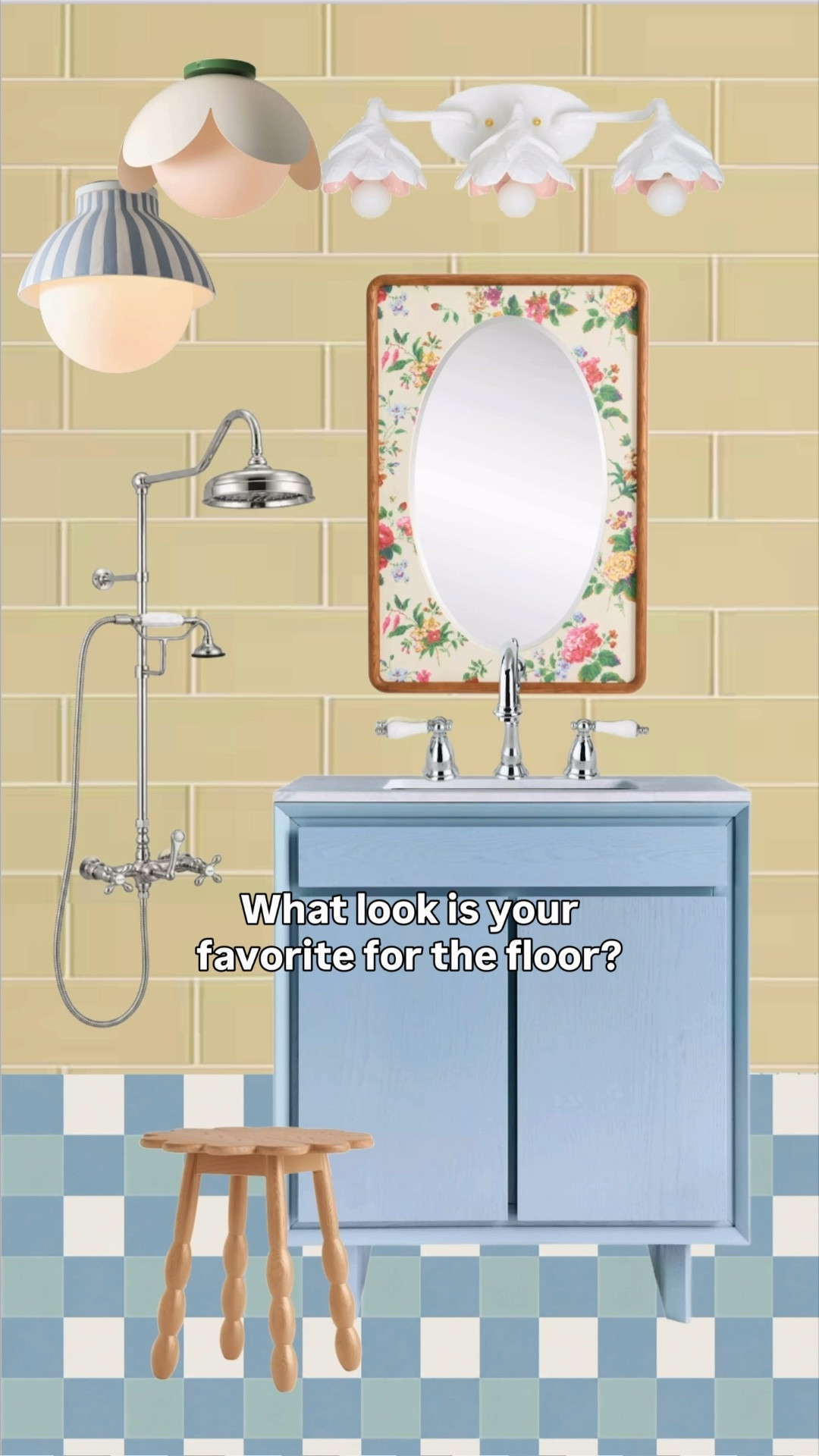 •Blue, white, yellow tile from Daltile
•White sconce from Stray Dog Design