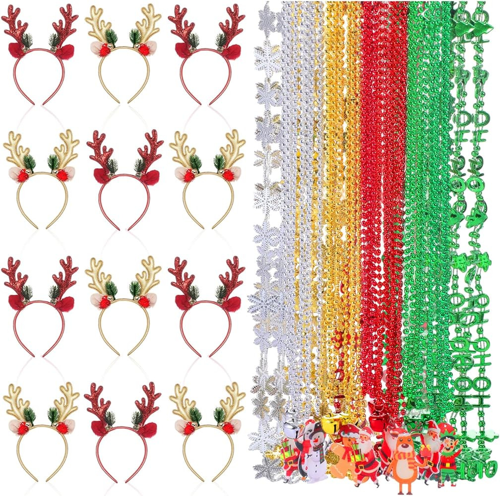 48 Pcs Christmas Reindeer Antlers Headbands and Bead Necklaces Christmas Party Accessories 12 Ant... | Amazon (US)
