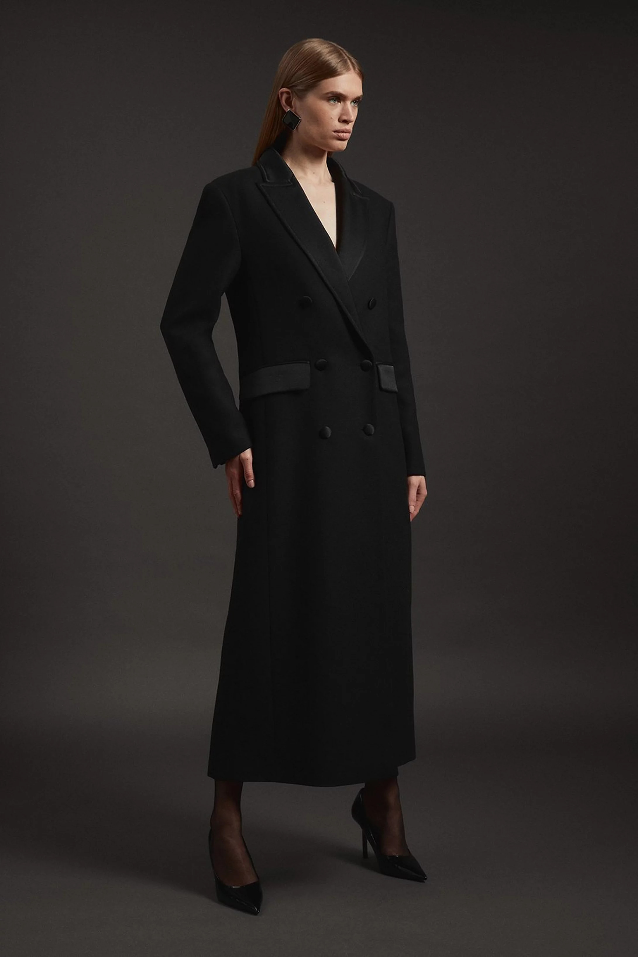 Premium Italian Manteco Wool Satin Collar Double Breasted Tailored Maxi Coat | Karen Millen | Karen Millen UK + IE + DE + NL