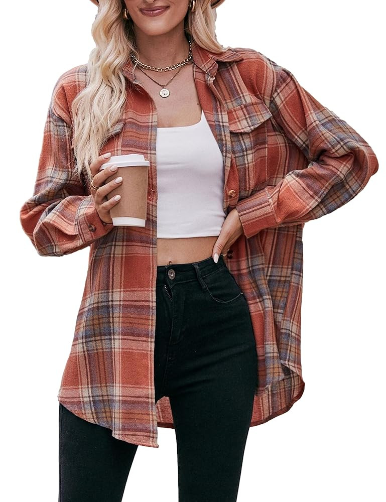 Bozanly Womens Flannel Plaid Shirts Oversized Long Sleeve Button Down Shacket Blouse Tops | Amazon (US)