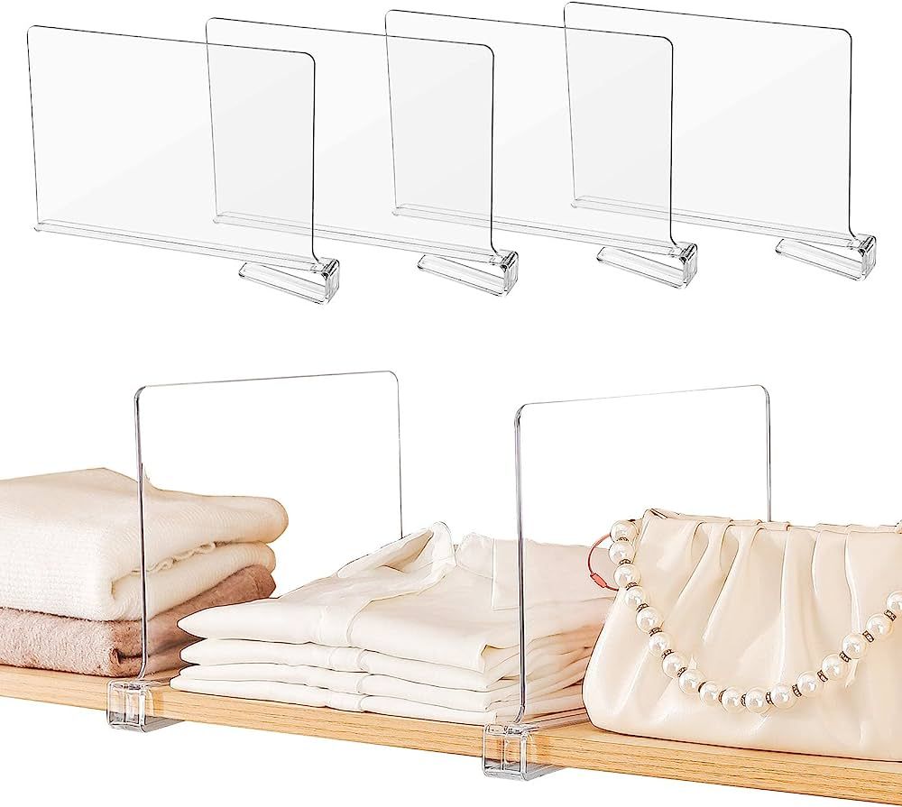 Acrylic Shelf Dividers,4 Pcs Closets Shelf Organizer for Clothing Handbags Books in Pantry, Bedro... | Amazon (US)