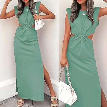 Prinbara Womens Side Cutout Padded Shoulder Summer Long Bodycon Dress Sleeveless Slit Club Party Max | Amazon (US)