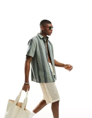 ASOS DESIGN relaxed textured stripe shirt in khaki | ASOS (Global)