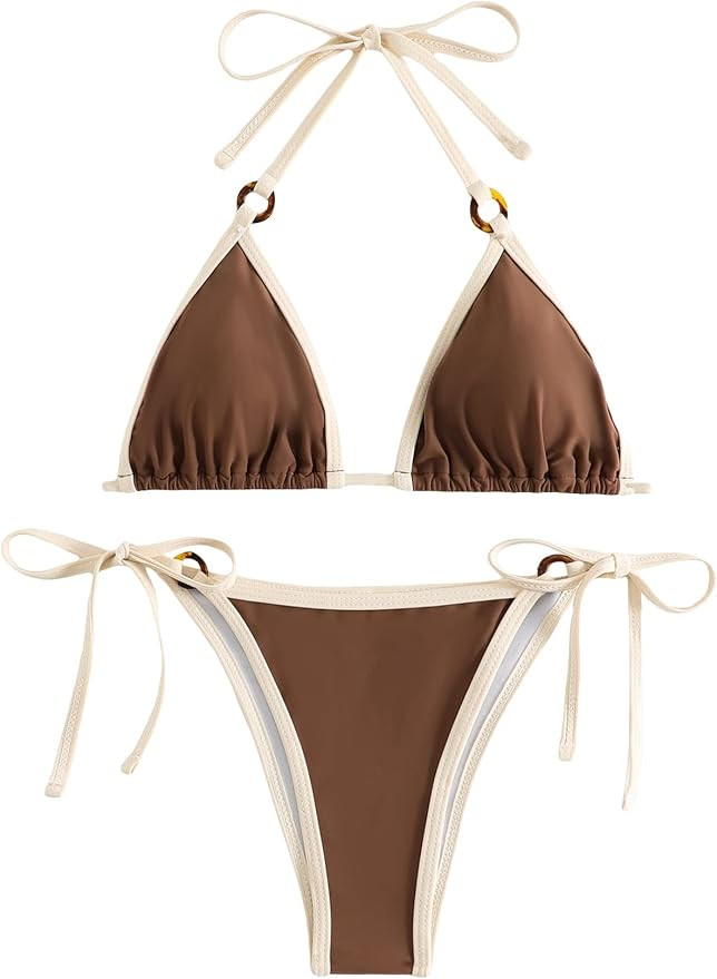 MakeMeChic Women's Halter Tie Side Triangle Bikini Set High Cut 2 Piece Bikini Swimsuit Bathing S... | Amazon (US)