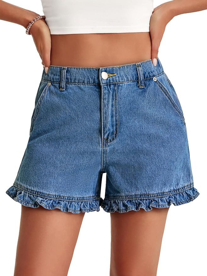 Aoysky Womens Summer Ruffle Denim Shorts Cute High Waisted Cotton Short Jeans with Pockets | Amazon (US)