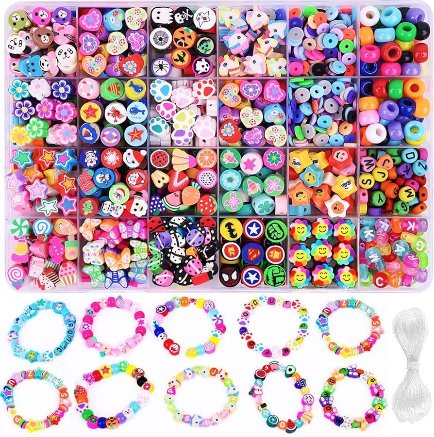 1000PCS Polymer Clay Beads Bracelet Making kit, 24 Style Cute Fun Beads Fruit Flower Animal Cake ... | Amazon (US)