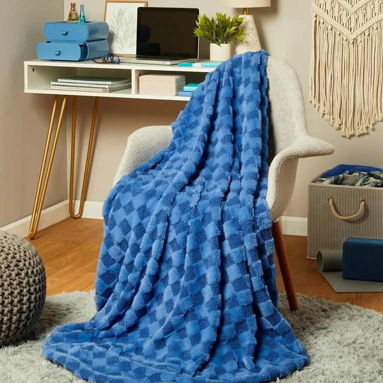 Mainstays By Becky G. & Alejandra Blue Checkered Faux Fur Throw, 50" X 60", Child/Adult | Walmart (US)