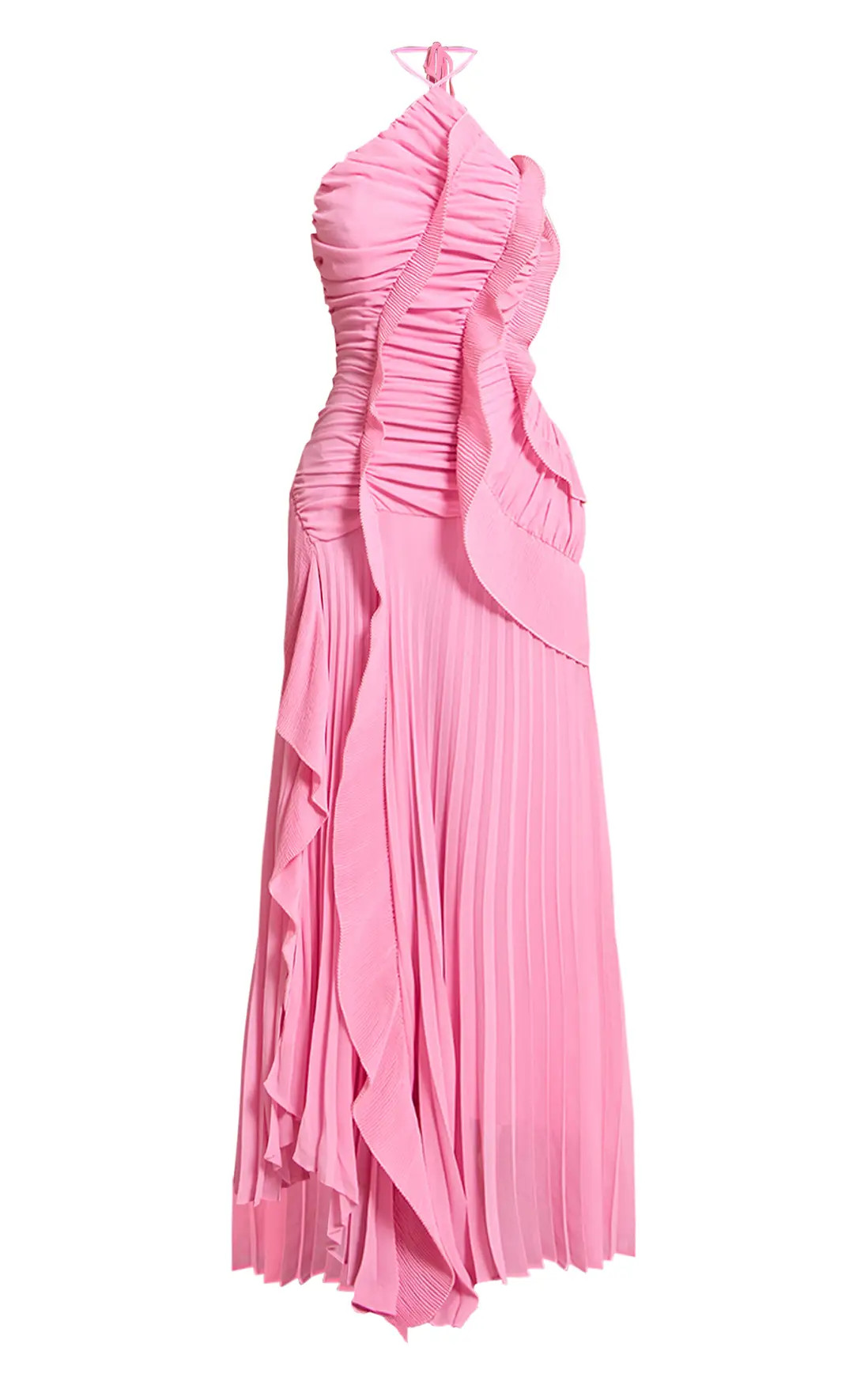 Petite Pink Halterneck Plisse Ruffle Detail Maxi Dress | PrettyLittleThing UK