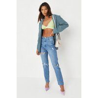 Stassie X Missguided Light Blue Wrath Highwaisted Slash Straight Leg Jeans | Missguided (US & CA)