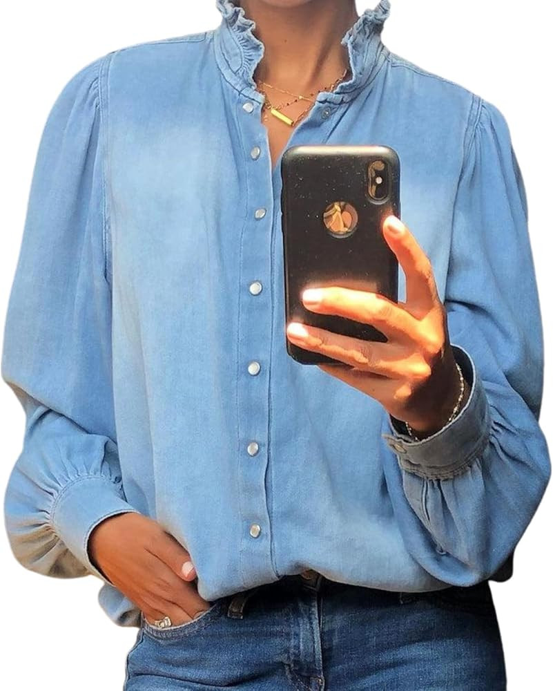 Women's Blue Solid Denim Shirts Ruffle Collar Button Down Long Sleeve Blouses Casual Tops Dressy ... | Amazon (US)