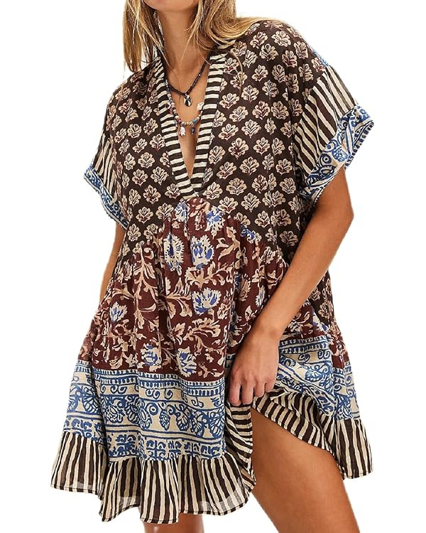 Women Bohemian Floral Mini Dress Y2K Babydoll V Neck Short Dress Loose Fit Patchwork Dress Beach | Amazon (US)