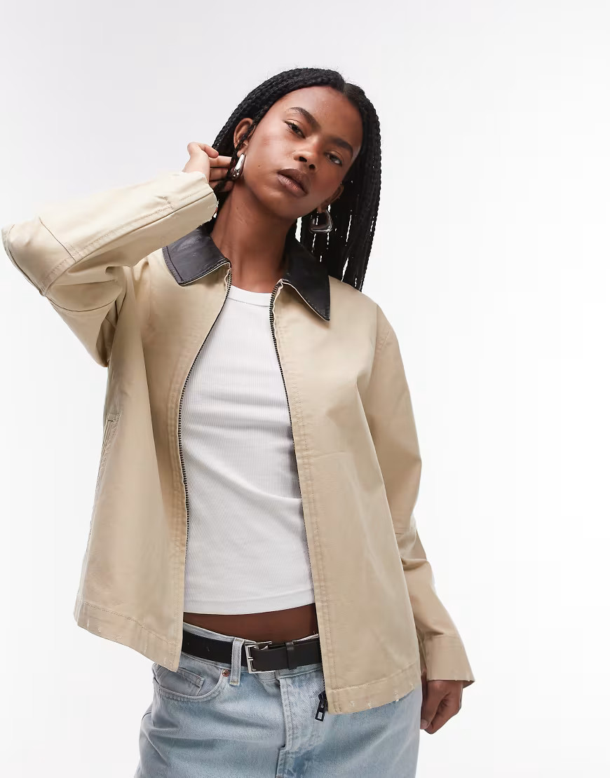 Mango contrast collar barn jacket in beige-Neutral | ASOS (Global)