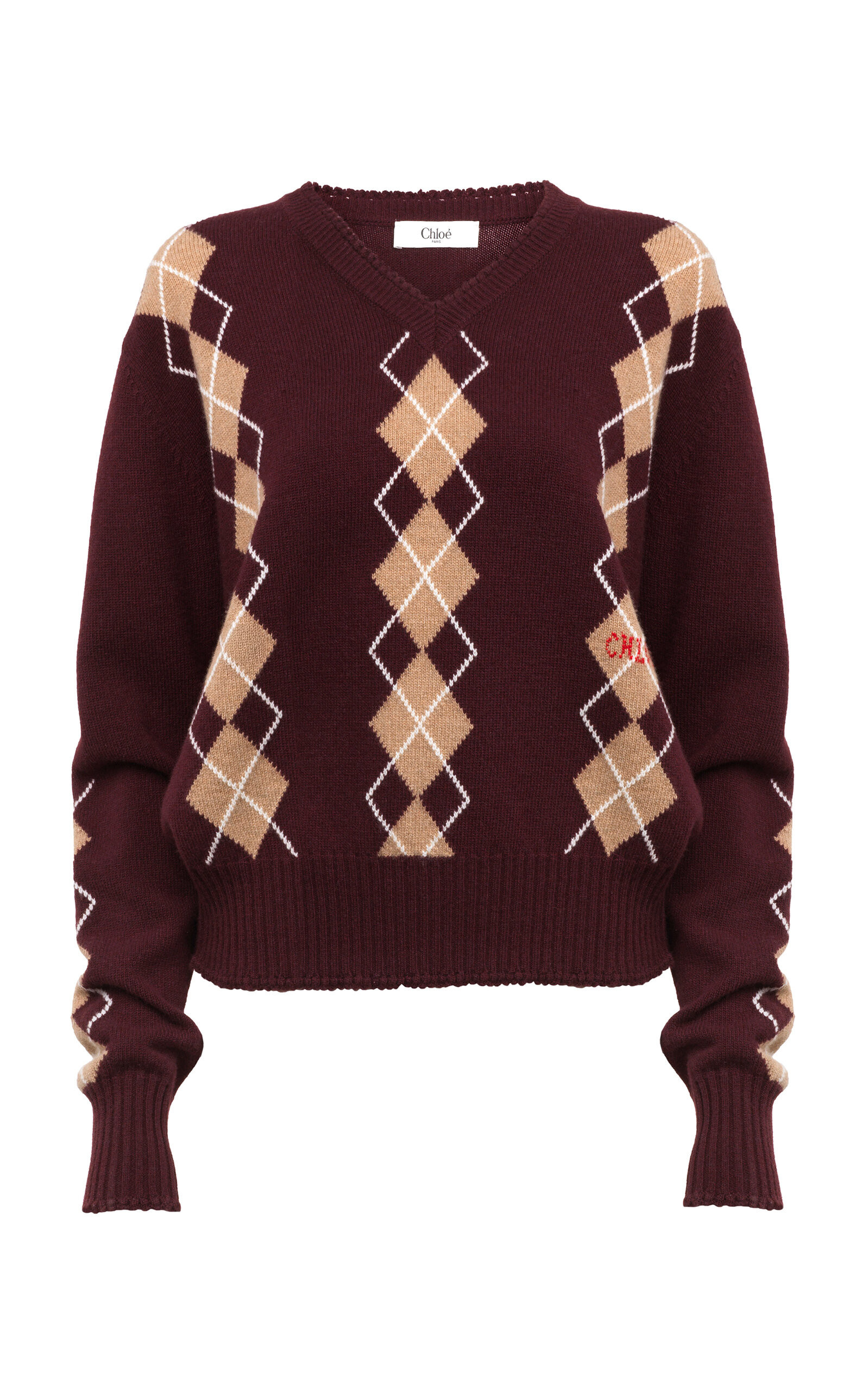 Chloé - Argyle Wool-Cashmere Sweater - Burgundy - L - Moda Operandi | Moda Operandi (Global)