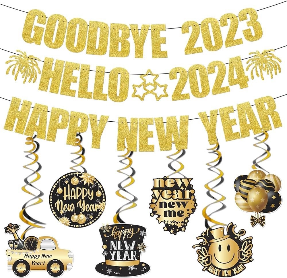 Gold Glitter Goodbye 2023 Hello 2024 Happy New Year Banner for Happy New Year Decorations 2024 Ne... | Amazon (US)