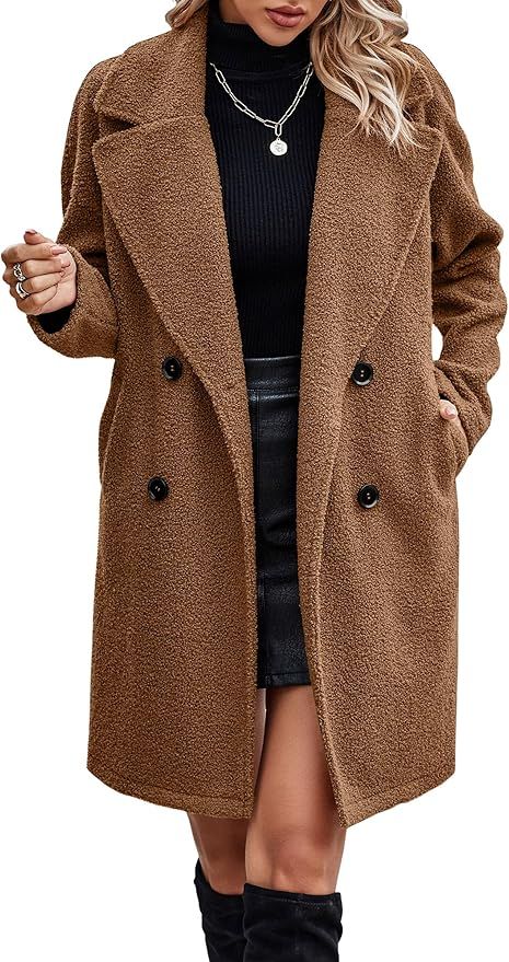 Angashion Women Long Sherpa Coat - Fuzzy Faux Fur Trench Jackets Winter Fleece Button Cardigan Wi... | Amazon (US)