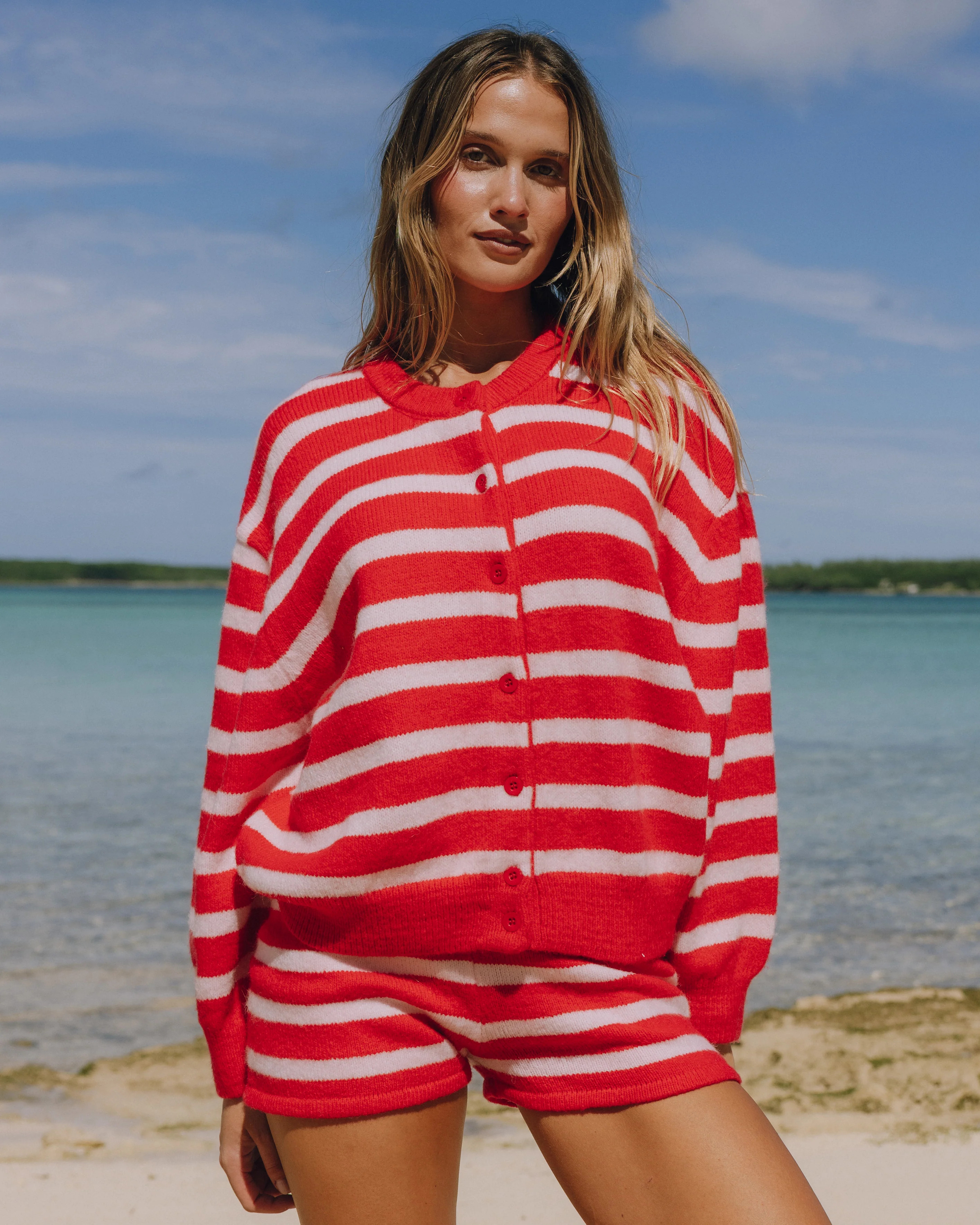 Button Up Sweater - Heart + Pale Pink Stripe | Daily Drills LLC