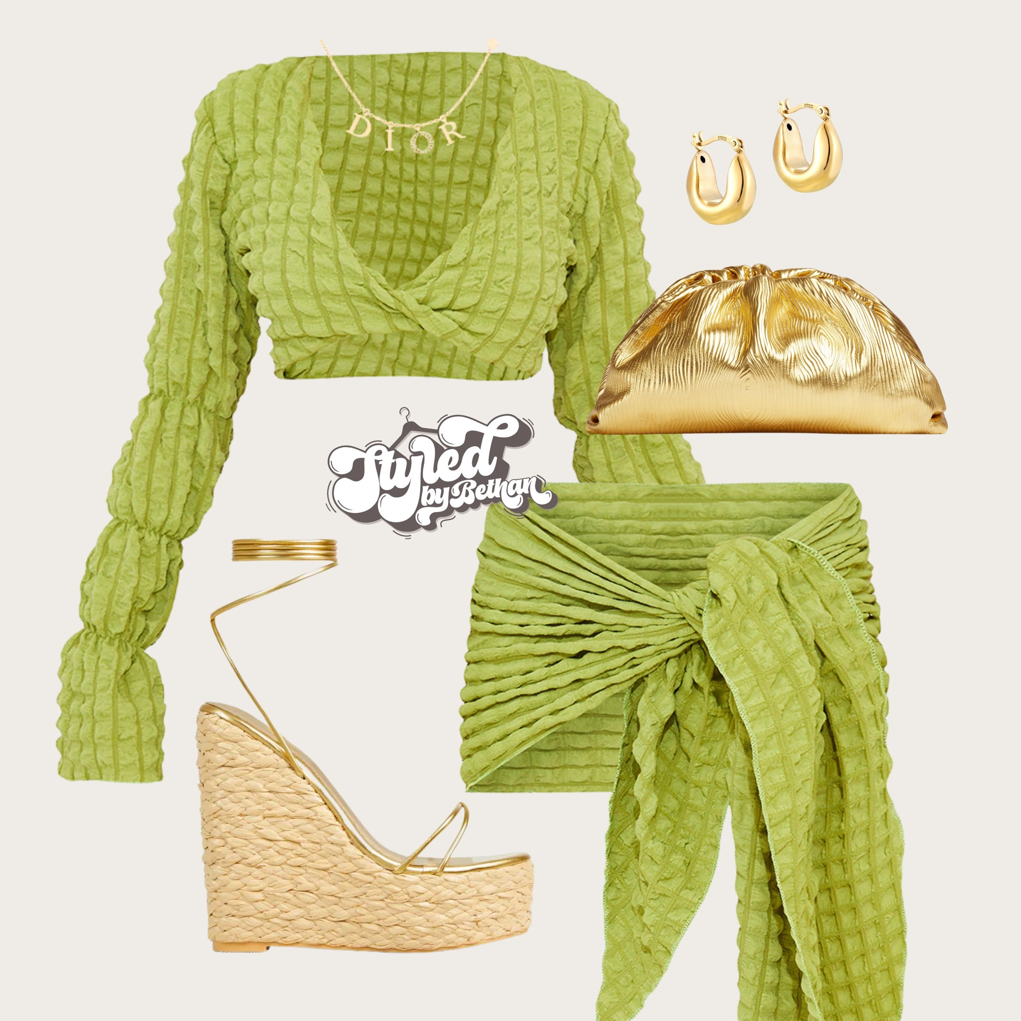 Khaki and a tan 🤝 tags: pretty little thing khaki bubble sarong and matching twist crop top, botegga gold clutch bag, ego gold lace up wedges, seol and gold, gold chunky hoop earrings. Summer vacation, dinner and drinks, wikiwoo, Ibiza, Marbella, cocktails, clubbing, cafe mambos outfit inspiration inspo.

#LTKeurope #LTKpartywear #LTKsummer