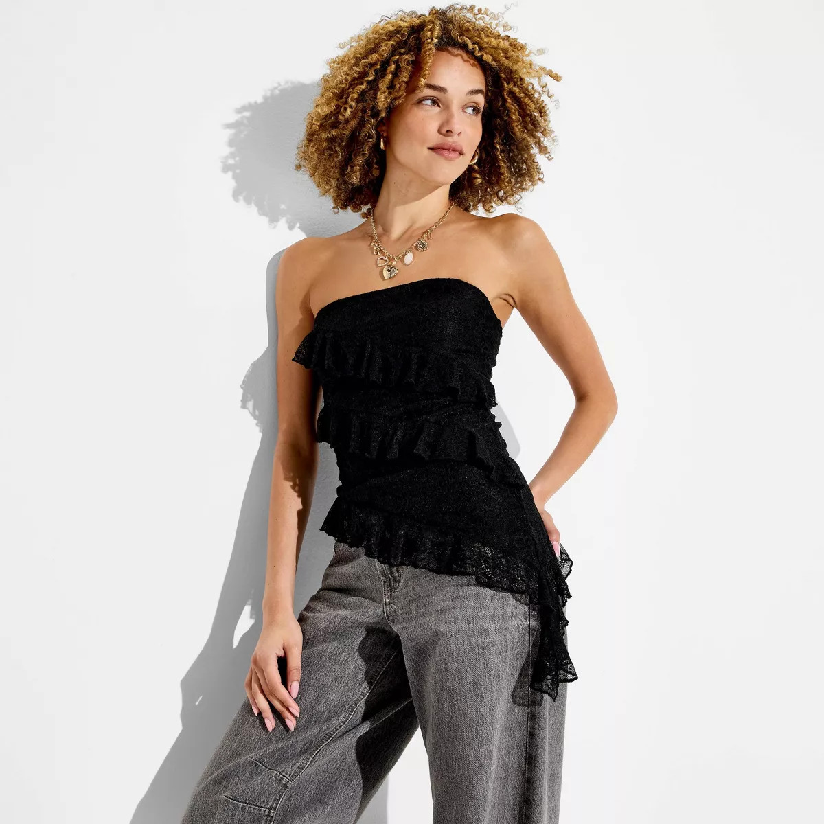 Women's Lace Asymmetrical Tube Top - Wild Fable\u2122 Black L | Target