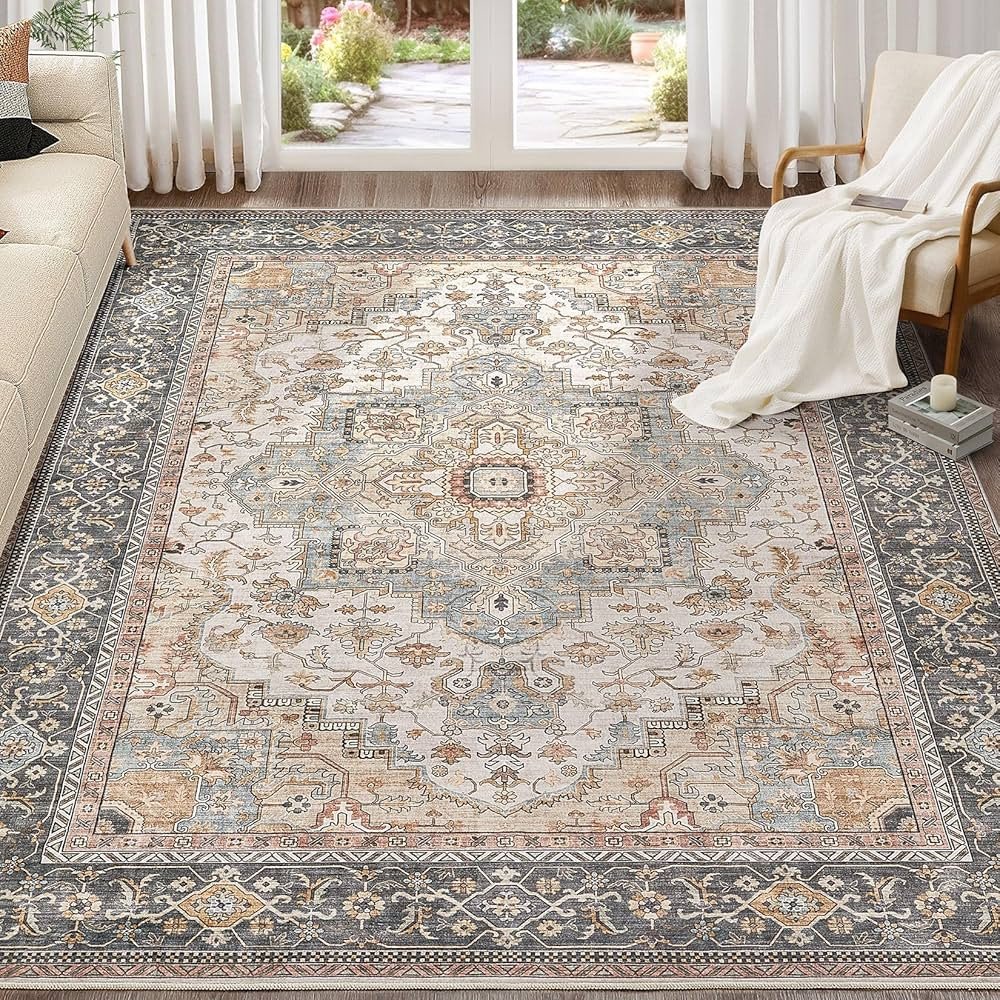 Amazon.com: EIEIHOUSE Washable Area Rugs for Living Room - 8x10 Neutral Vintage Distressed Floral... | Amazon (US)